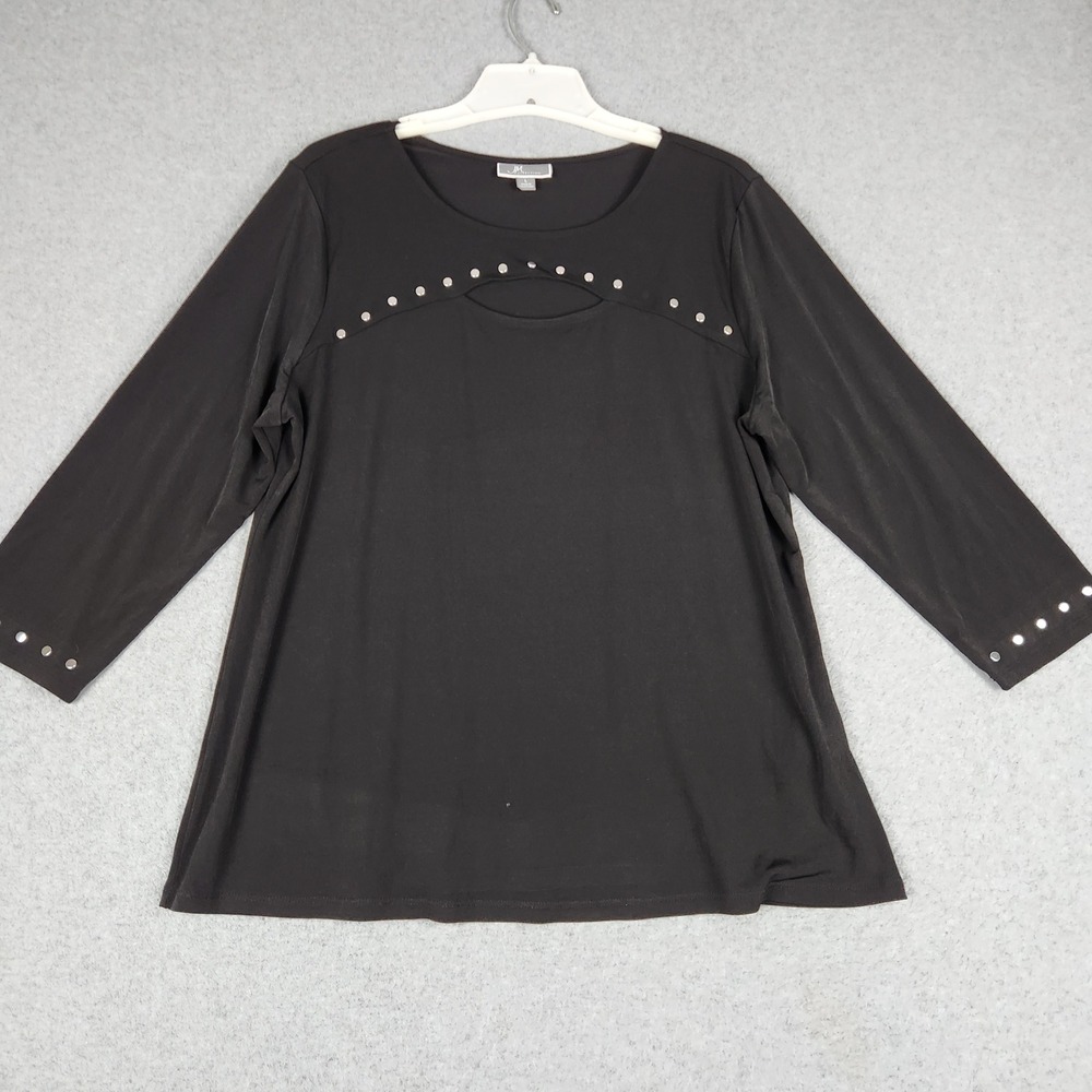 JM Collection Top Womens L Black Studded Long Sleeve Classic Fit Keyhole Front
